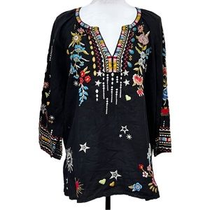 NWT Johnny Was Maris Linen Split Neckline Peasant Tunic Black Floral Aztec HAMSA